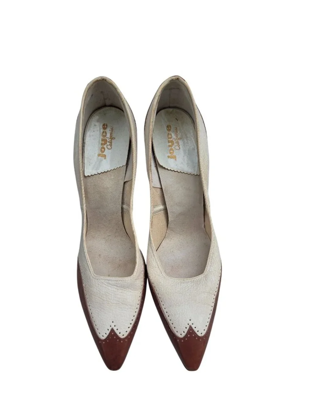 Vintage Joyce California Leather Spectator Pumps In Cream & Brown Size 8 Kitten